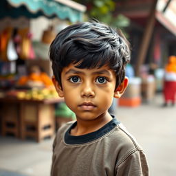 A short Arabic boy with black hair, displaying a sense of shyness