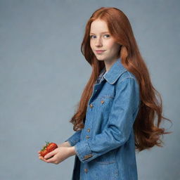 A cartoon-style girl with long red hair, brown eyes, and fair skin. She is dressed in a blue coat and greyish-blue jeans, while holding a juicy strawberry.