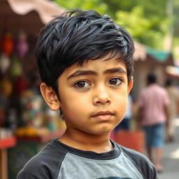 A short Arabic boy with black hair, displaying a sense of shyness