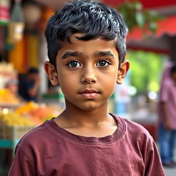 A short Arabic boy with black hair, displaying a sense of shyness