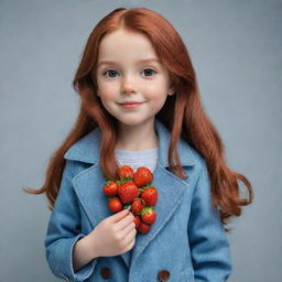 A cartoon-style girl with long red hair, brown eyes, and fair skin. She is dressed in a blue coat and greyish-blue jeans, while holding a juicy strawberry.