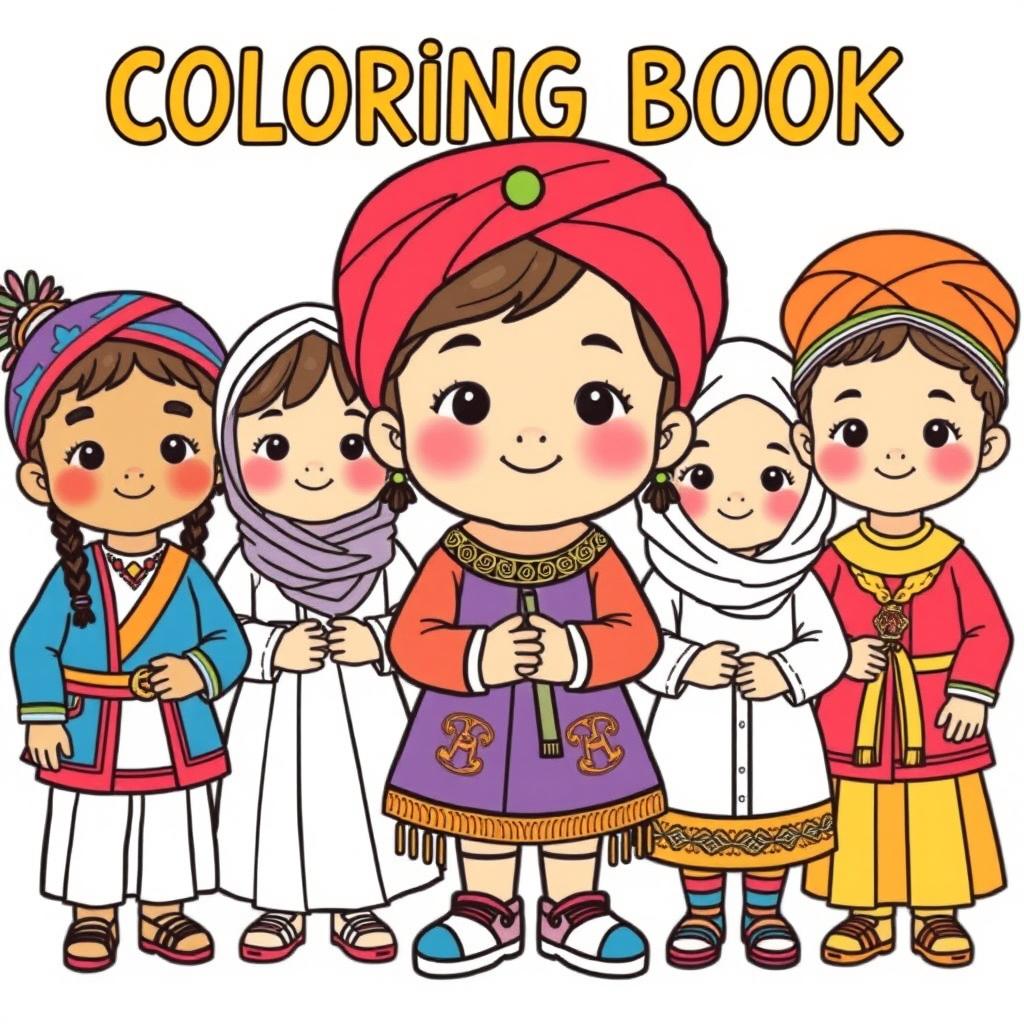 A coloring book featuring children in a variety of cultural attires addresses societal challenges by promoting cultural awareness, inclusivity, and diversity from a young age