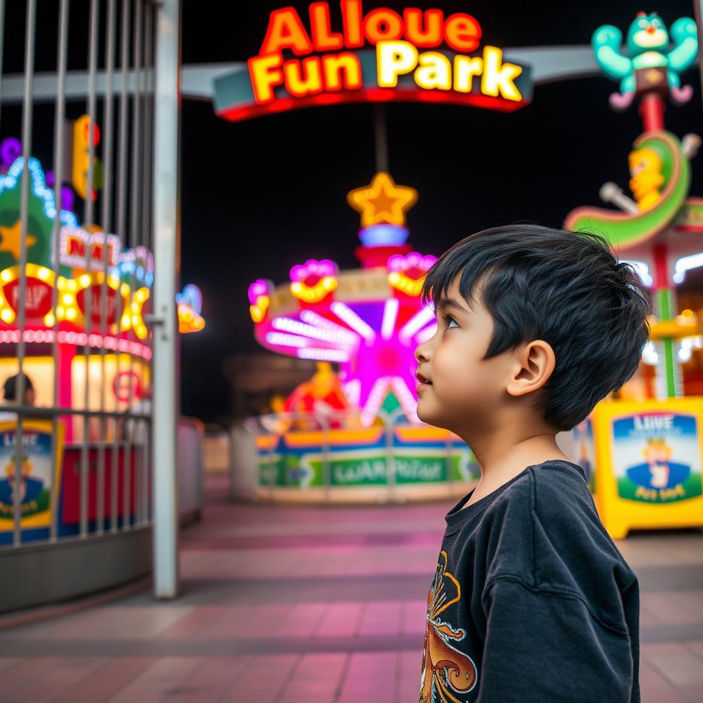 A very short boy with black hair standing outside the entrance of Alloué Fun Park, looking up at an attractive ride he cannot go on due to his height