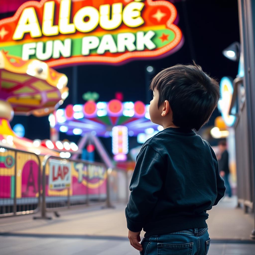 A very short boy with black hair standing outside the entrance of Alloué Fun Park, looking up at an attractive ride he cannot go on due to his height