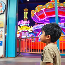 A very short boy with black hair standing outside the entrance of Alloué Fun Park, looking up at an attractive ride he cannot go on due to his height