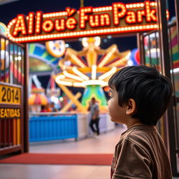 A very short boy with black hair standing outside the entrance of Alloué Fun Park, looking up at an attractive ride he cannot go on due to his height