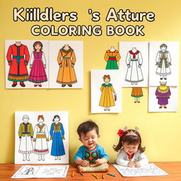 Create an image of a children's cultural attire coloring book with various pages depicting traditional clothing from different cultures around the world