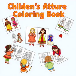 Create an image of a children's cultural attire coloring book with various pages depicting traditional clothing from different cultures around the world