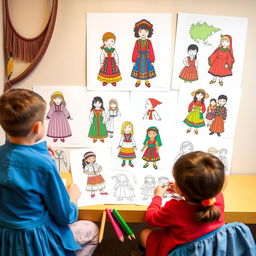 Create an image of a children's cultural attire coloring book with various pages depicting traditional clothing from different cultures around the world