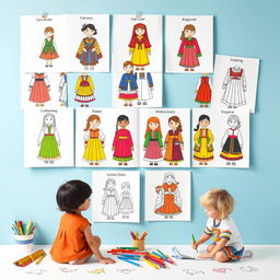 Create an image of a children's cultural attire coloring book with various pages depicting traditional clothing from different cultures around the world