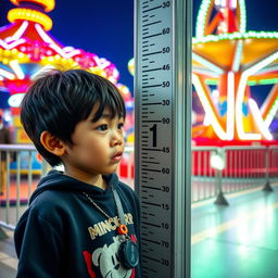 A very short boy with black hair standing near the height measurement sign at Allou Fun Park