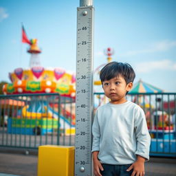 A very short boy with black hair standing near the height measurement sign at Allou Fun Park