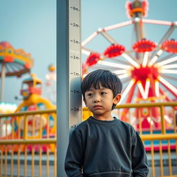 A very short boy with black hair standing near the height measurement sign at Allou Fun Park