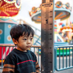 A very short boy with black hair standing near the height measurement sign at Allou Fun Park