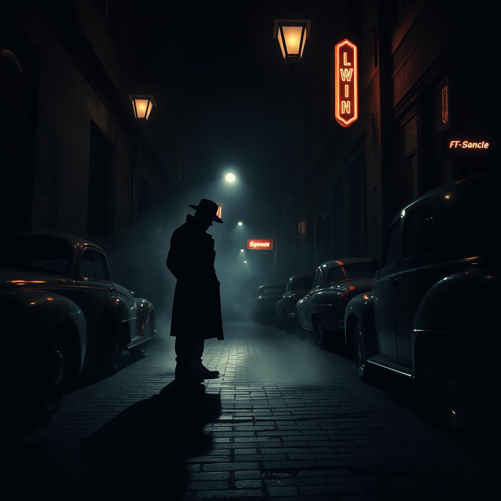 A dark and suspenseful scene resembling an Alfred Hitchcock movie, featuring classic 1950s film noir elements