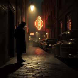 A dark and suspenseful scene resembling an Alfred Hitchcock movie, featuring classic 1950s film noir elements