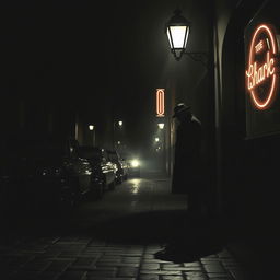 A dark and suspenseful scene resembling an Alfred Hitchcock movie, featuring classic 1950s film noir elements