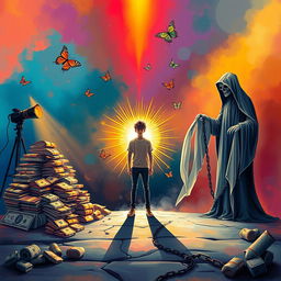 A vibrant and profound illustration depicting an individual journey of transformation