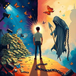 A vibrant and profound illustration depicting an individual journey of transformation