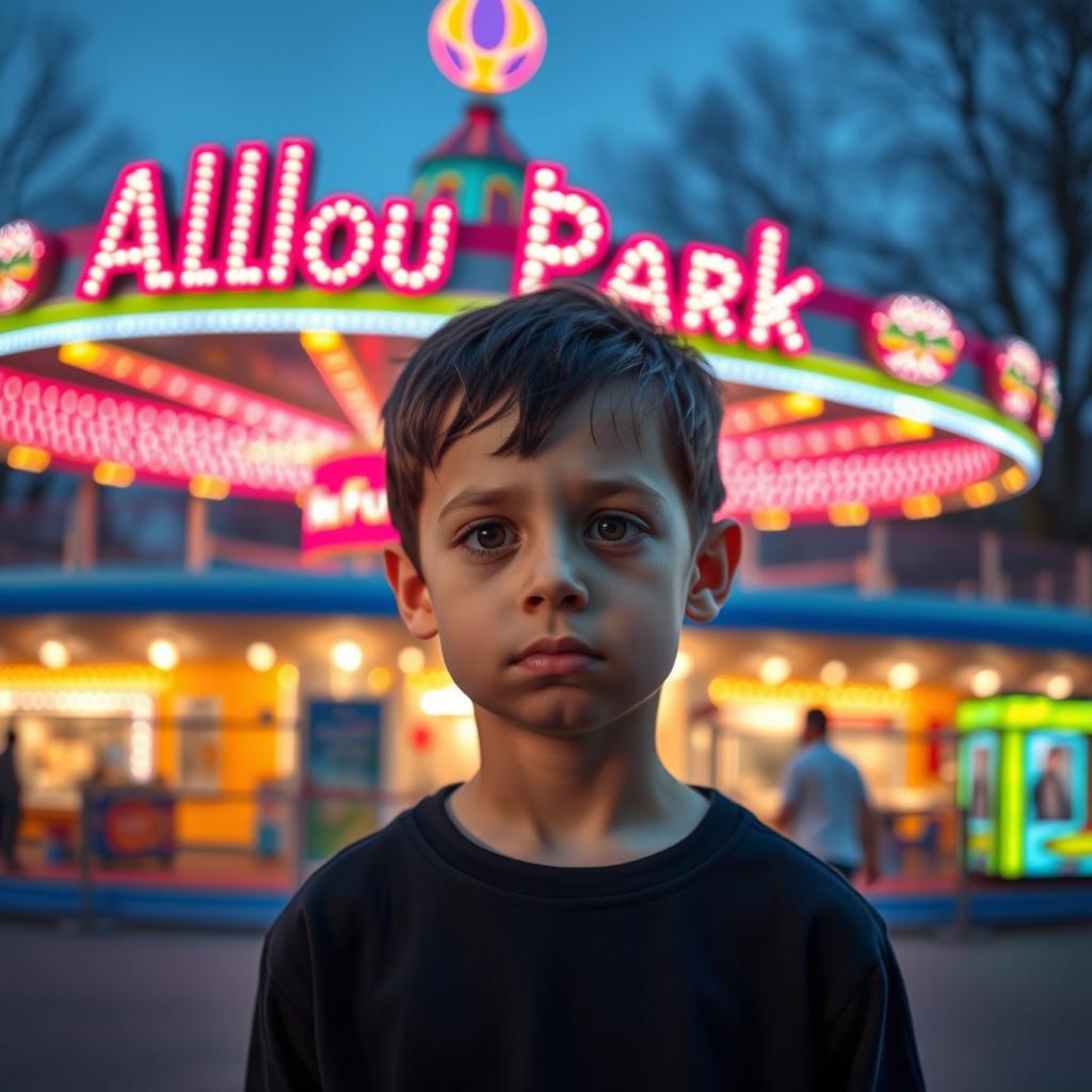 A very short European boy with brown eyes and black hair, standing in front of the Alloué Fun Park