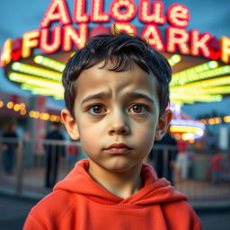 A very short European boy with brown eyes and black hair, standing in front of the Alloué Fun Park