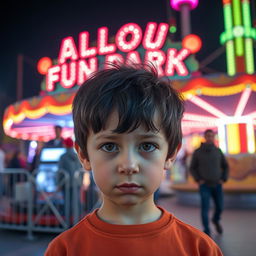 A very short European boy with brown eyes and black hair, standing in front of the Alloué Fun Park