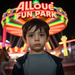 A very short European boy with brown eyes and black hair, standing in front of the Alloué Fun Park