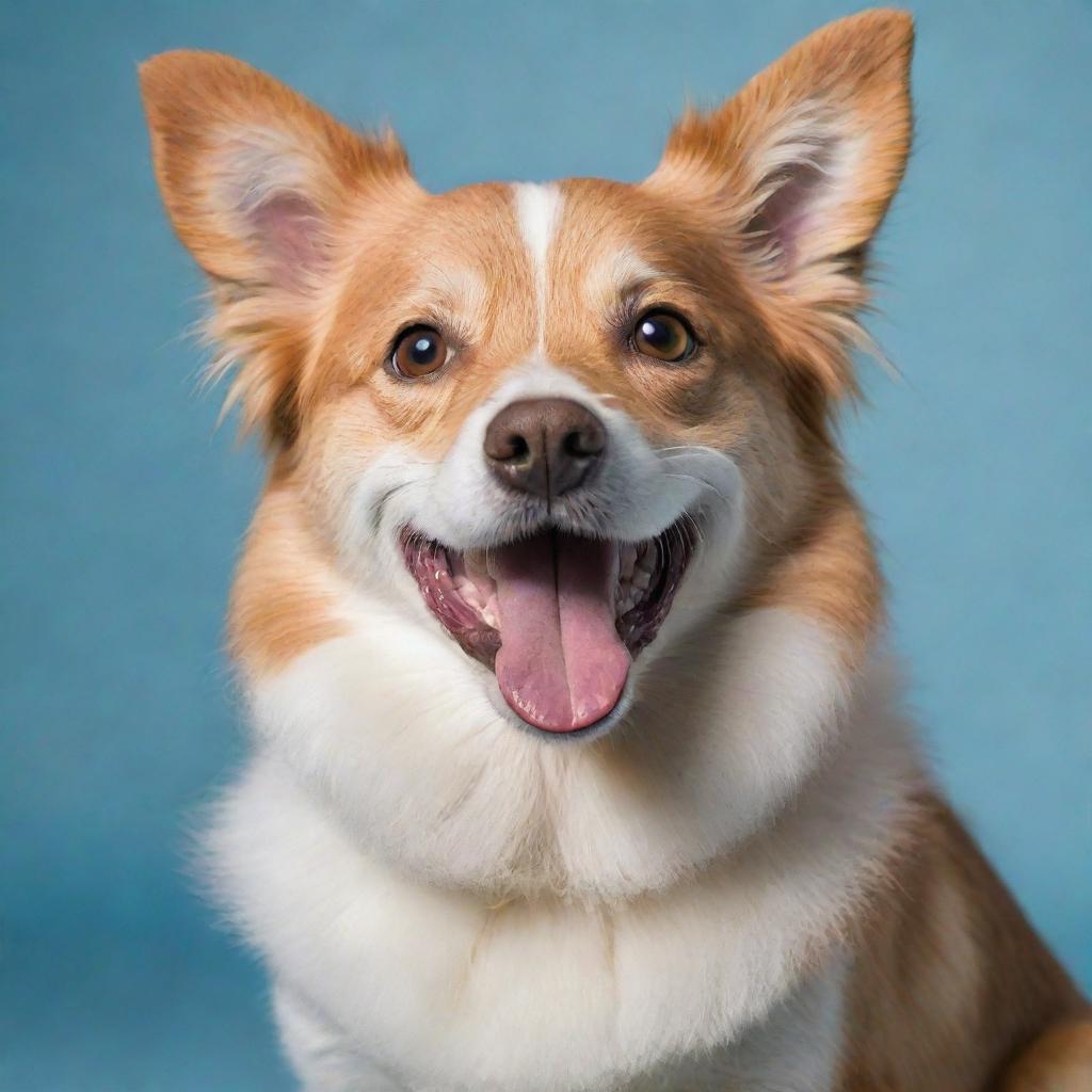 A joyful, playful dog with a wagging tail and sparkling eyes. Its fur is soft and groomed, and its tongue is hanging out in a classic happy dog grin.