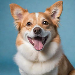 A joyful, playful dog with a wagging tail and sparkling eyes. Its fur is soft and groomed, and its tongue is hanging out in a classic happy dog grin.