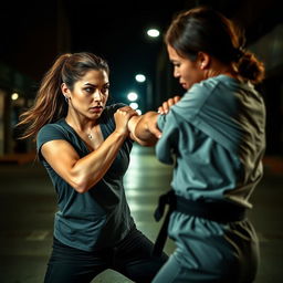 A powerful scene depicting a confident and courageous woman in a self-defense stance, delivering a kick to defend herself against an attacker, the focus is on her strength and determination