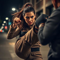 A powerful scene depicting a confident and courageous woman in a self-defense stance, delivering a kick to defend herself against an attacker, the focus is on her strength and determination