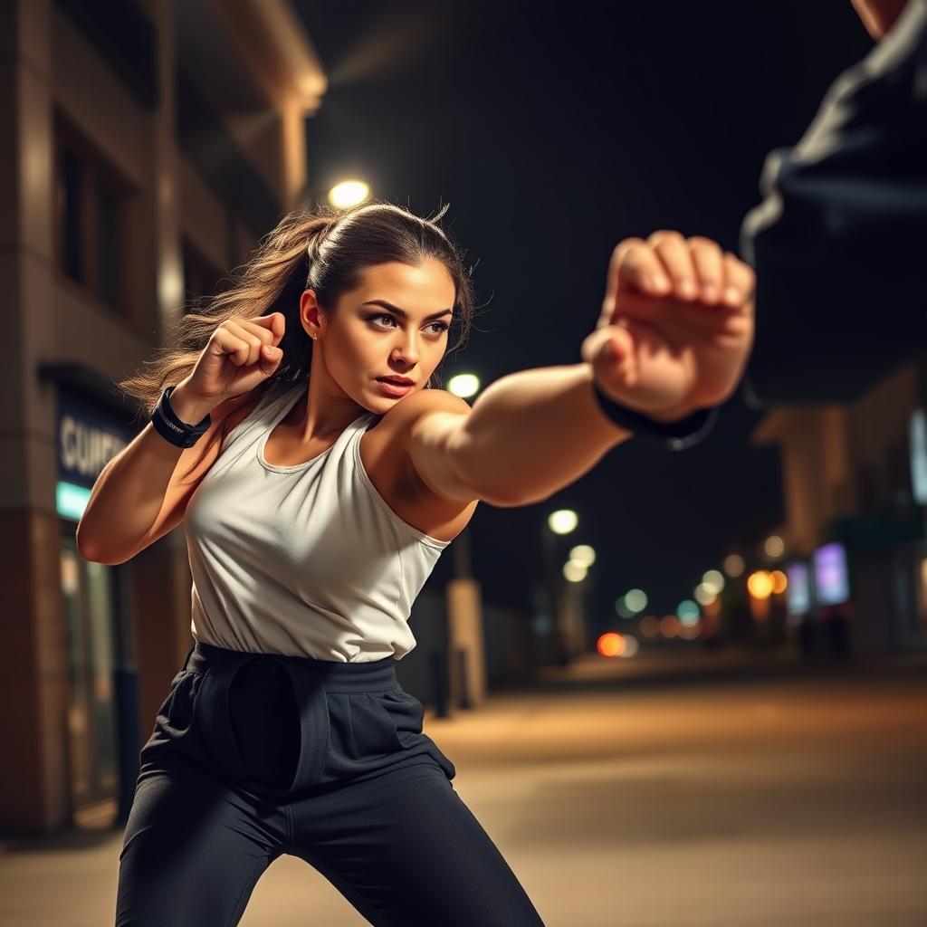 A powerful scene depicting a confident and courageous woman in a self-defense stance, delivering a kick to defend herself against an attacker, the focus is on her strength and determination