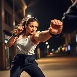 A powerful scene depicting a confident and courageous woman in a self-defense stance, delivering a kick to defend herself against an attacker, the focus is on her strength and determination