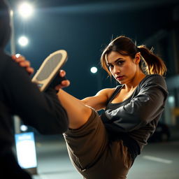 A powerful scene depicting a confident and courageous woman in a self-defense stance, delivering a kick to defend herself against an attacker, the focus is on her strength and determination