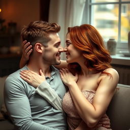 A sensual scene depicting a beautiful redheaded woman engaging intimately with her boyfriend, focusing on their connection and affectionate interaction