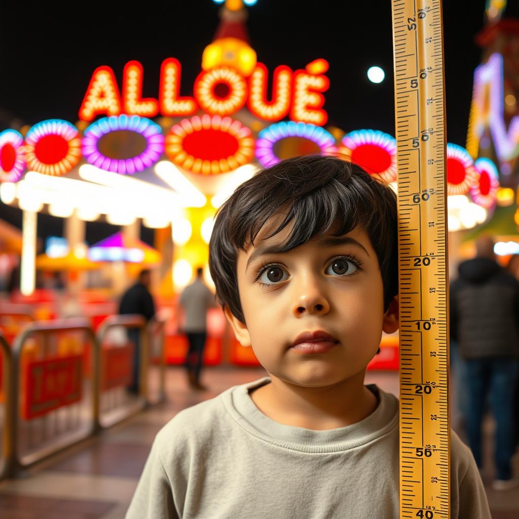 A very short European boy with brown eyes and black hair, being measured by a meter stick near the entrance of the Alloué Fun Park