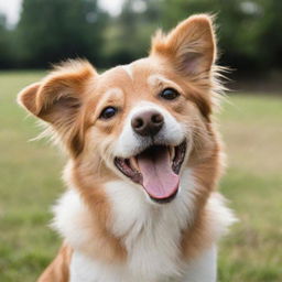 A joyful, playful dog with a wagging tail and sparkling eyes. Its fur is soft and groomed, and its tongue is hanging out in a classic happy dog grin.