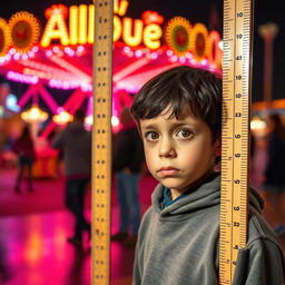 A very short European boy with brown eyes and black hair, being measured by a meter stick near the entrance of the Alloué Fun Park