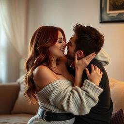 A sensual scene depicting a beautiful redheaded woman engaging intimately with her boyfriend, focusing on their connection and affectionate interaction