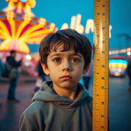 A very short European boy with brown eyes and black hair, being measured by a meter stick near the entrance of the Alloué Fun Park