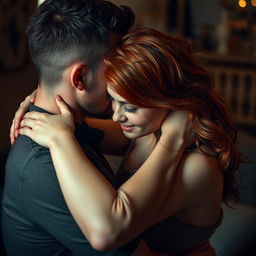 A sensual scene depicting a beautiful redheaded woman engaging intimately with her boyfriend, focusing on their connection and affectionate interaction