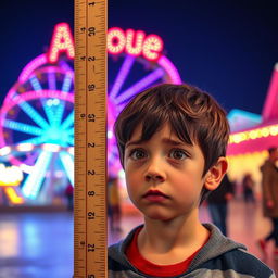 A very short European boy with brown eyes and black hair, being measured by a meter stick near the entrance of the Alloué Fun Park