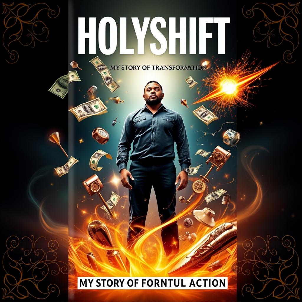 A striking book cover for 'Holyshift: My Story of Transformation,' featuring a powerful representation of personal transformation amidst worldly temptations