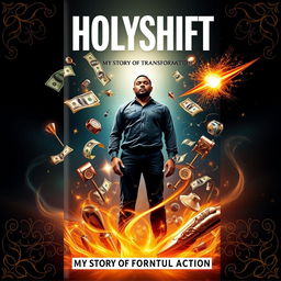 A striking book cover for 'Holyshift: My Story of Transformation,' featuring a powerful representation of personal transformation amidst worldly temptations