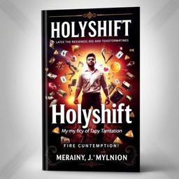 A striking book cover for 'Holyshift: My Story of Transformation,' featuring a powerful representation of personal transformation amidst worldly temptations