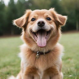 A joyful, playful dog with a wagging tail and sparkling eyes. Its fur is soft and groomed, and its tongue is hanging out in a classic happy dog grin.