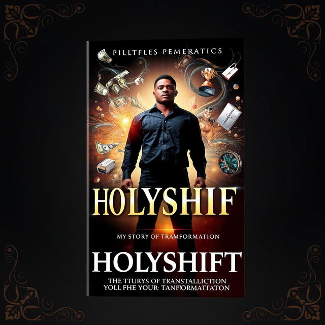 A striking book cover for 'Holyshift: My Story of Transformation,' featuring a powerful representation of personal transformation amidst worldly temptations