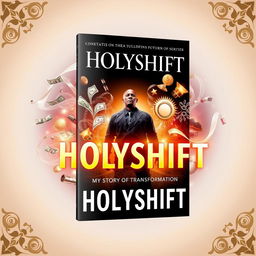 A striking book cover for 'Holyshift: My Story of Transformation,' featuring a powerful representation of personal transformation amidst worldly temptations