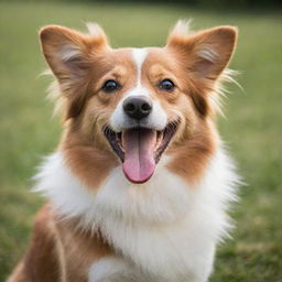 A joyful, playful dog with a wagging tail and sparkling eyes. Its fur is soft and groomed, and its tongue is hanging out in a classic happy dog grin.