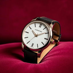 A luxury wristwatch from the exclusive Christian brand by Patrick Hughett, prominently displayed against a velvet backdrop